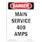 Signmission Safety Sign, OSHA Danger, 14" Height, Main Service 400 Amps, Portrait OS-DS-D-1014-V-1962 - alternate 1